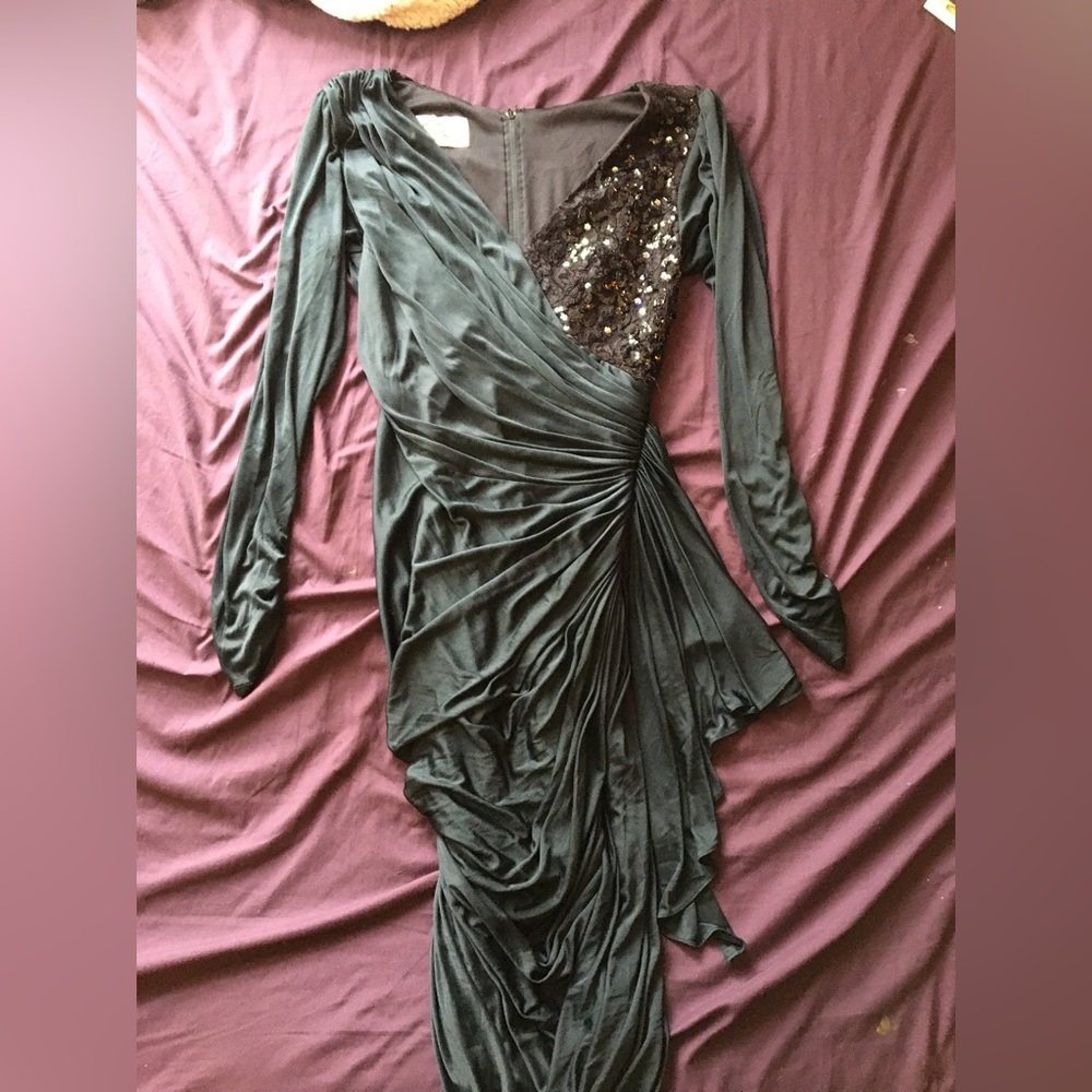 Authentic 80s Vintage Black Form Fitting Black Stretchy Satin Party Dress